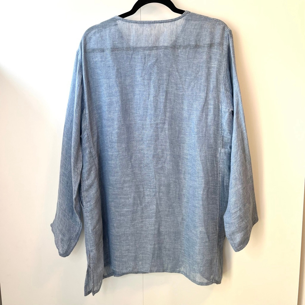 Eileen Fisher Italian Linen Tunic Shirt Jacket Blue Button Front Oversized M - Picture 8 of 14